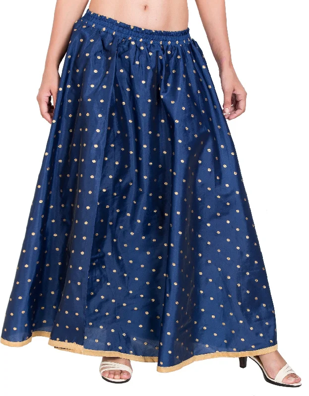 PAVONINE Navy Blue Color Golden Zari Work Satan Fabric Maxi Skirt For Women