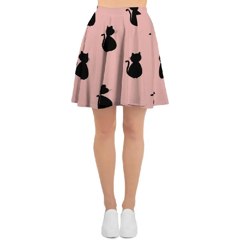 Pink Silhouette Cat Print Women's Skirt