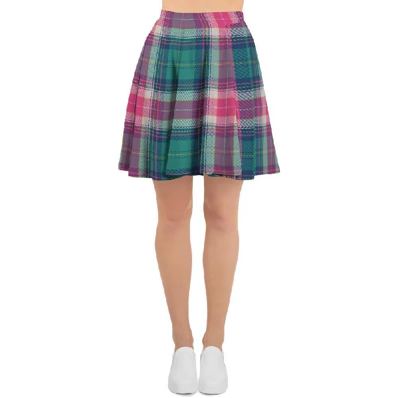 Pink Teal Plaid Tartan Women's Skirt