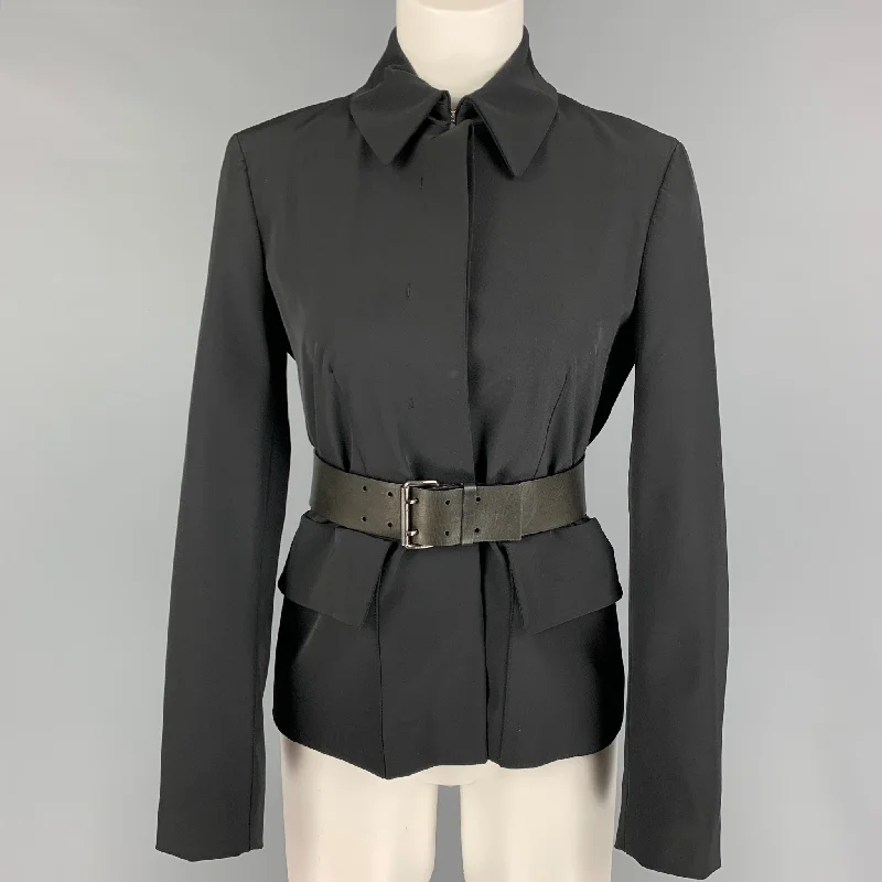 PRADA Size 4 Black Polyester Leather Belted Jacket