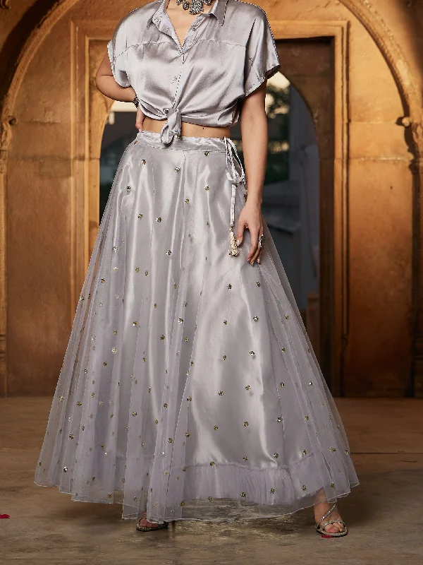 Lyush Women Grey Tulle Sequin Anarkali Skirt