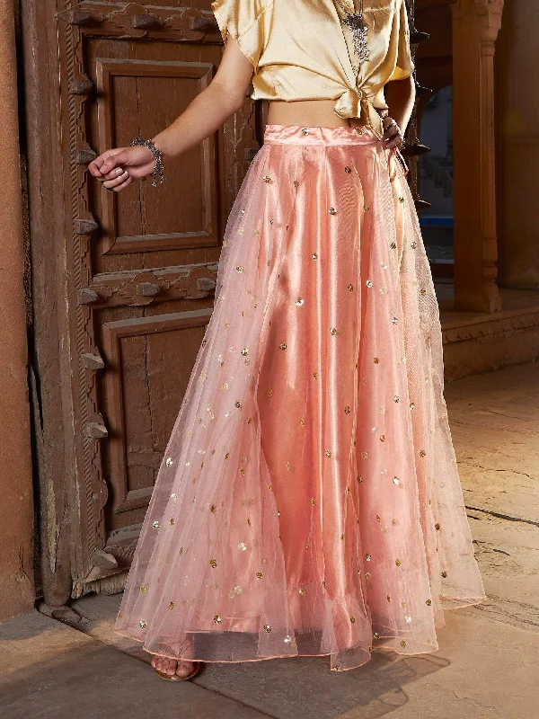 Lyush Women Peach Tulle Sequin Anarkali Skirt