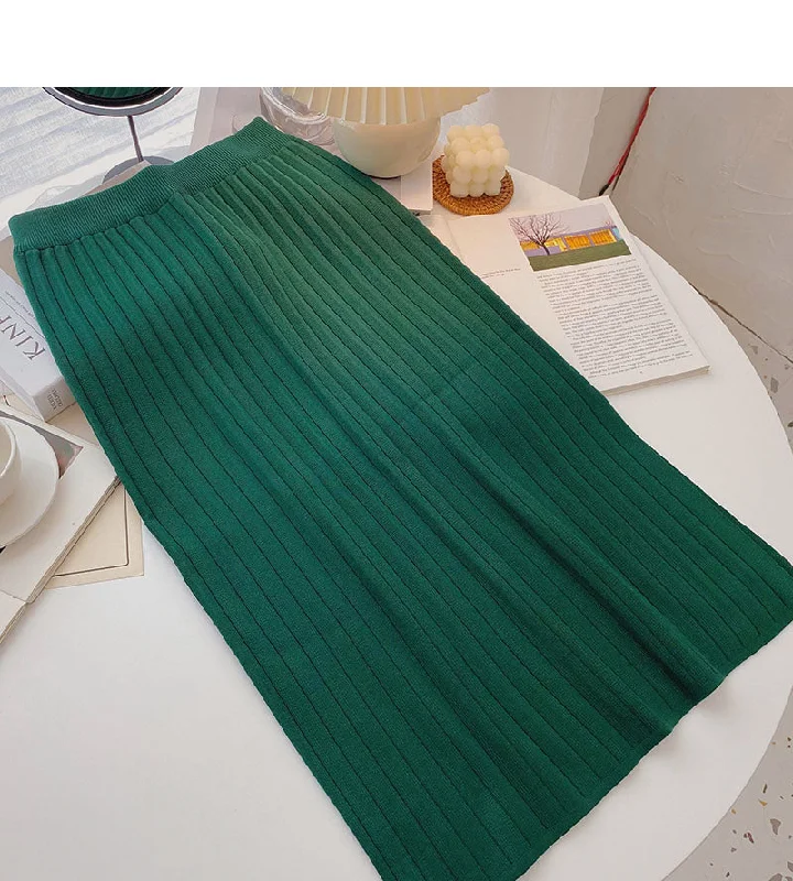 Simple and versatile thread knitted high waist split A-line skirt  5752