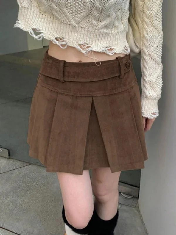 Vintage Brown Corduroy Belted Pleated Mini Skirt