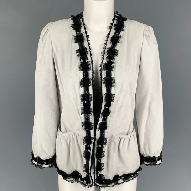 YVES SAINT LAURENT Size 6 Off White Black Leather Beaded Jacket